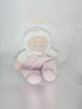 Eden Pink & White Baby Girl Blonde & Blue Eyes Doll Waffle Thermal Plush Toy. 